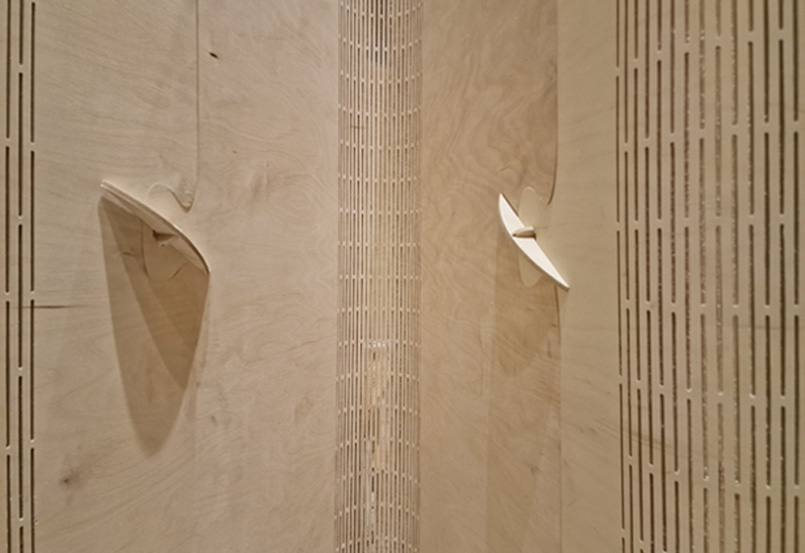 A close up of 'Ephemeral', an innovative, flexible wooden partition wall solution